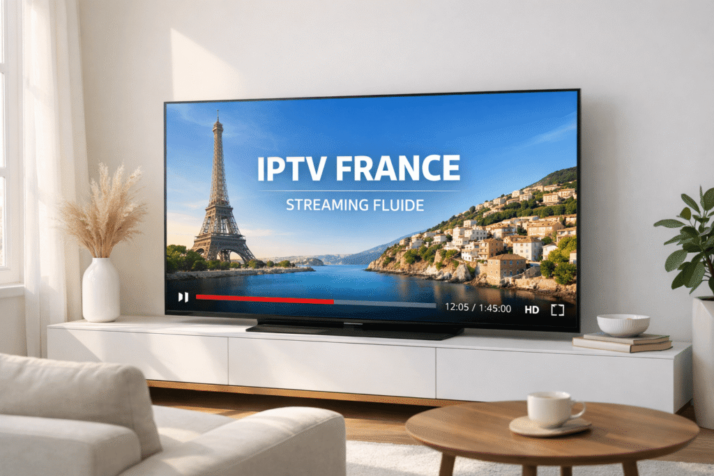 iptv france streaming fluide sur télévision connectée dans un salon moderne