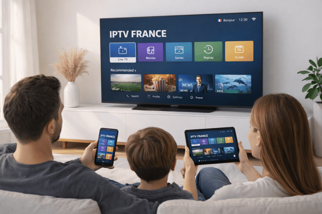 abonnement iptv france famille sur plusieurs appareils dans un salon