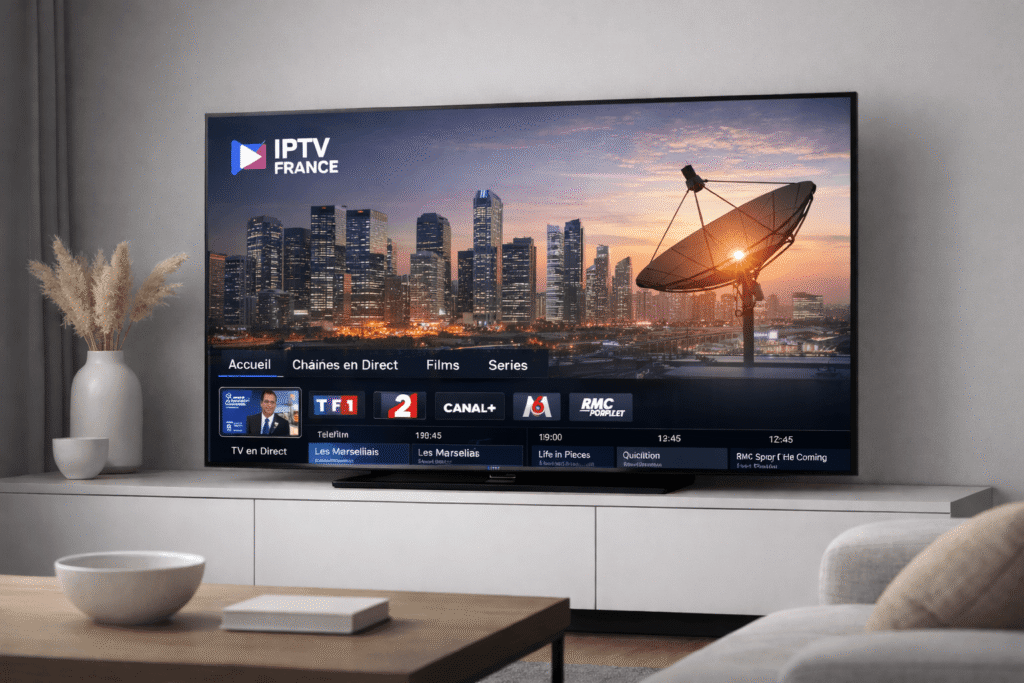 iptv france technologie streaming affichée sur télévision connectée
