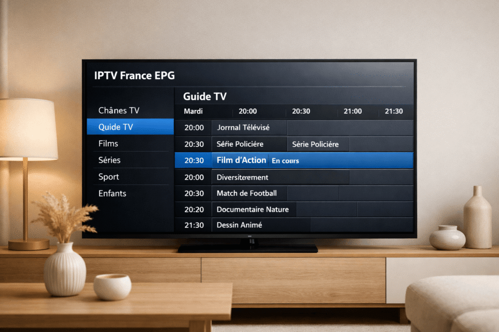 Interface de guide TV électronique IPTV France EPG sur écran de télévision moderne