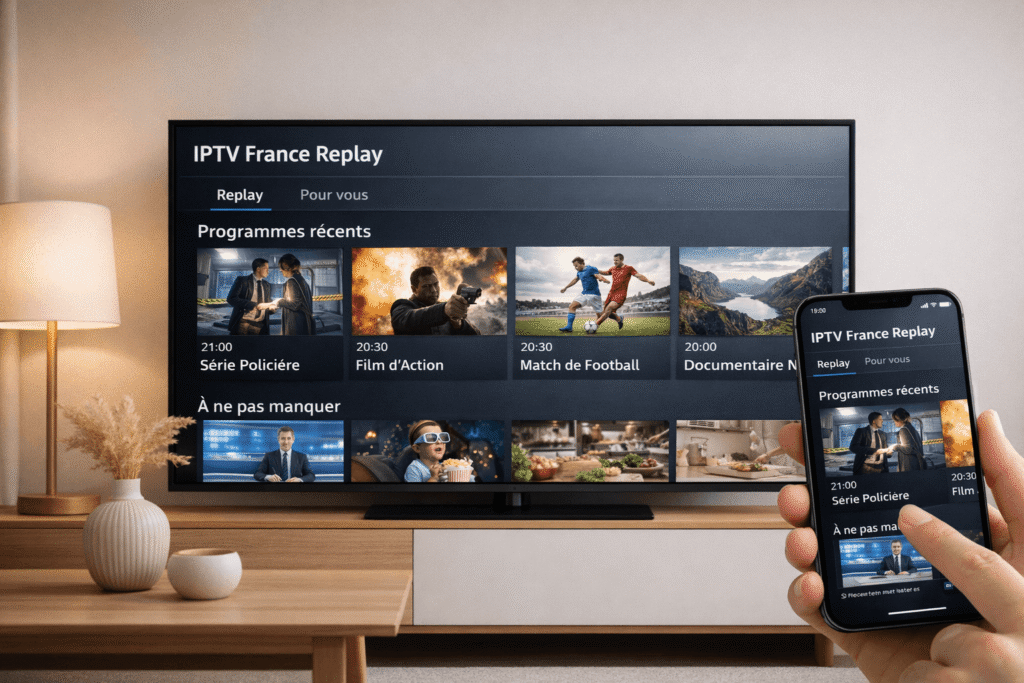 Fonction replay IPTV France affichée sur Smart TV et smartphone dans une interface moderne