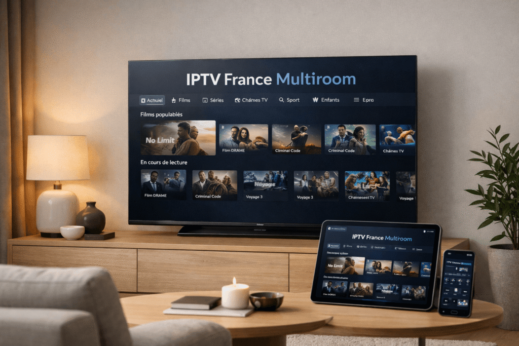 Configuration IPTV France Multiroom sur plusieurs écrans dans un salon moderne