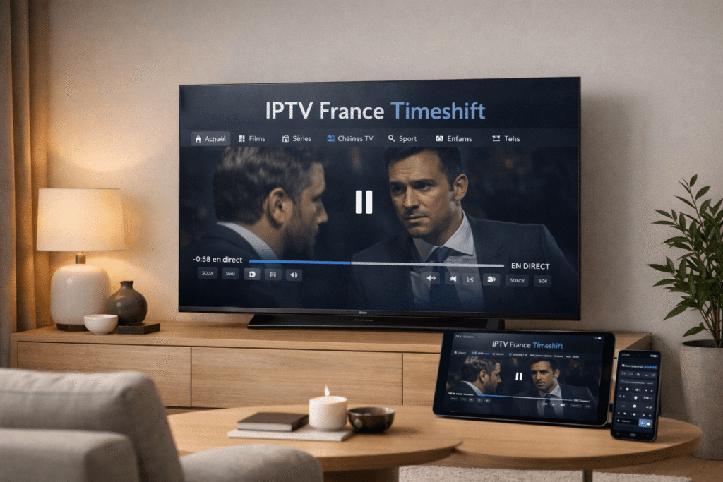 Fonction timeshift IPTV France avec pause du direct sur écran de télévision moderne