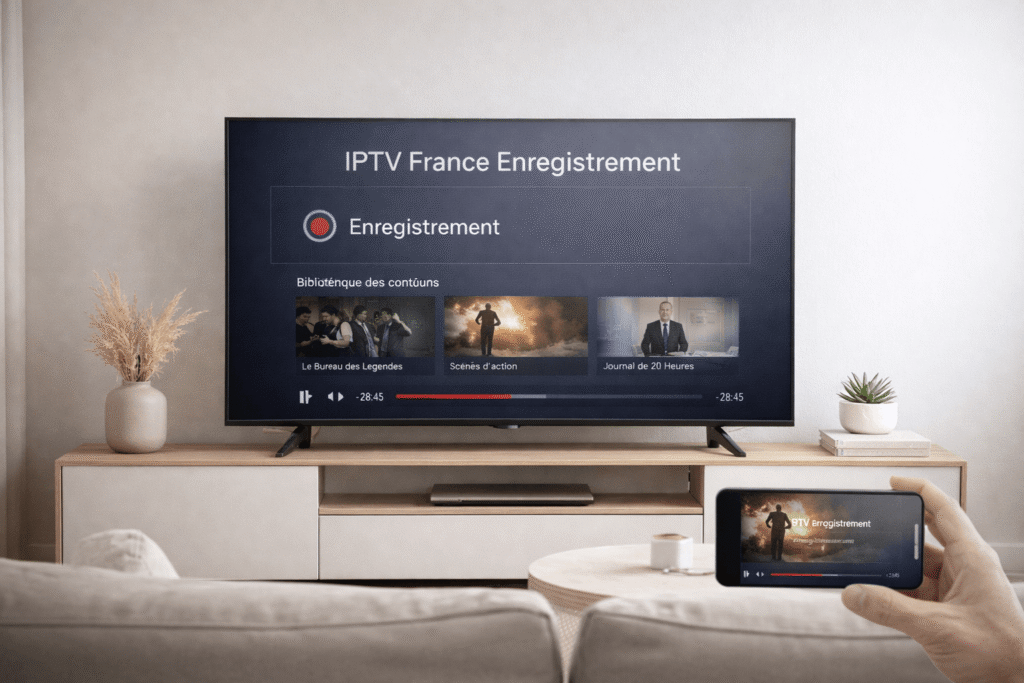Fonction IPTV France Enregistrement affichée sur une interface de télévision moderne