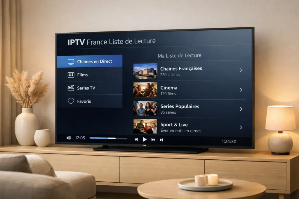Liste de lecture IPTV France affichée sur une interface moderne de télévision