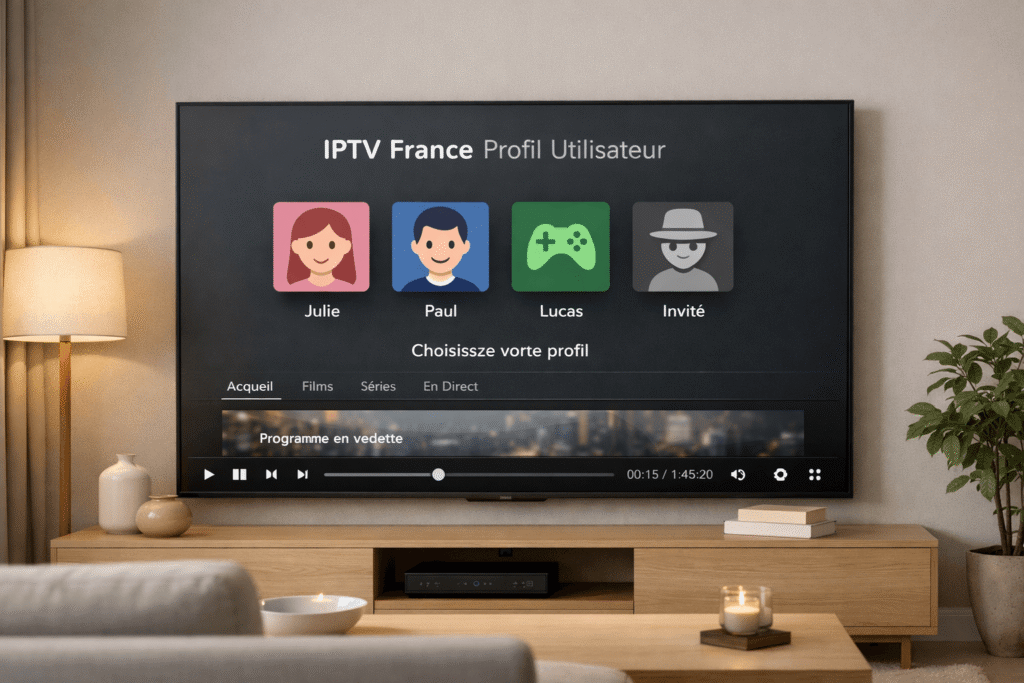 Profils utilisateur IPTV France affichés sur une interface moderne de télévision