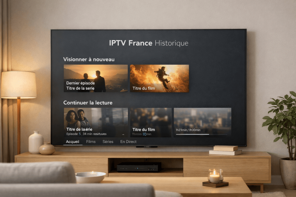Historique IPTV France avec contenus récents sur une interface de télévision moderne