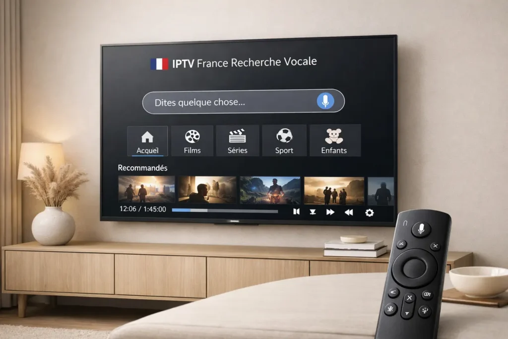 Recherche vocale IPTV France sur une télévision moderne avec télécommande micro