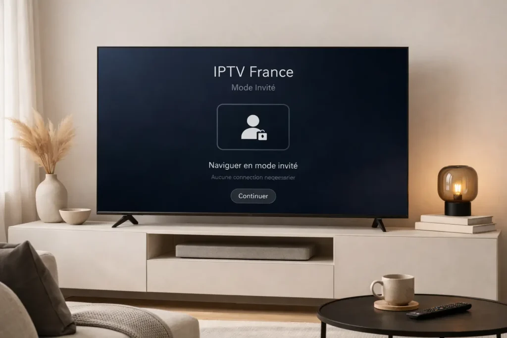 Mode invité IPTV France affiché sur une interface moderne de télévision