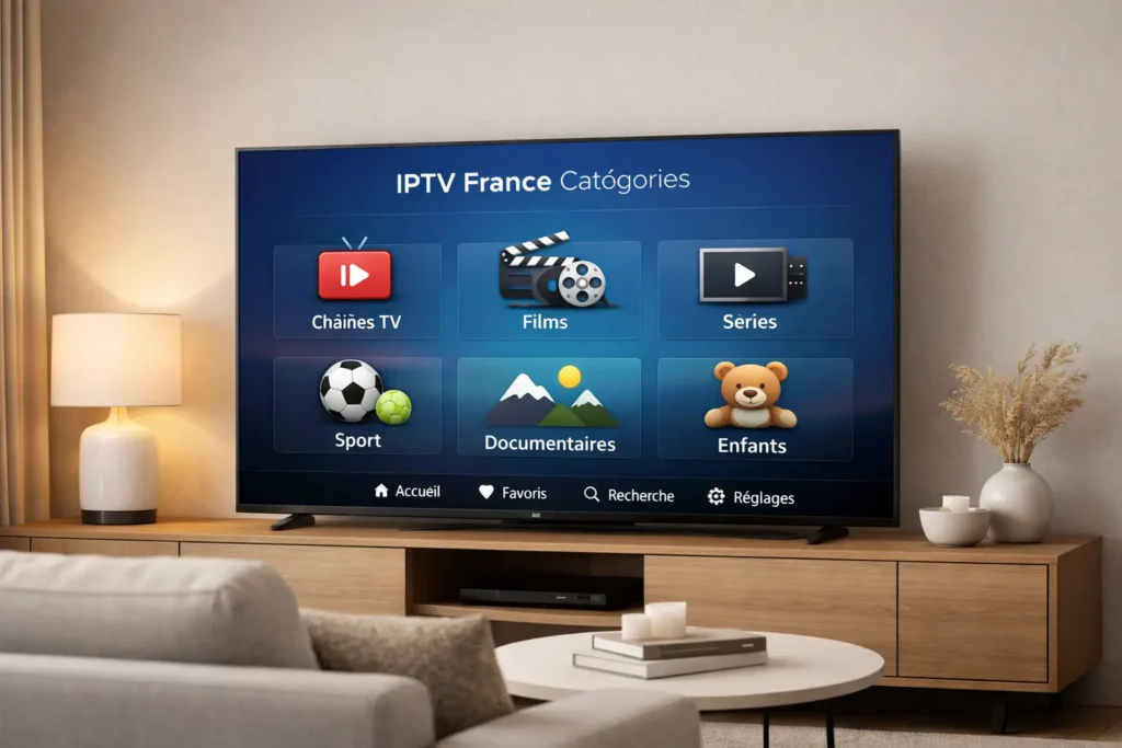 Catégories IPTV France affichées sur une interface moderne de télévision