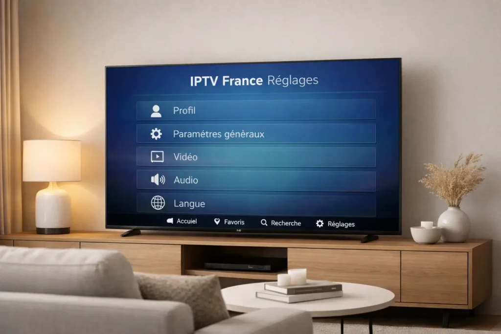 Menu réglages IPTV France affiché sur une télévision moderne