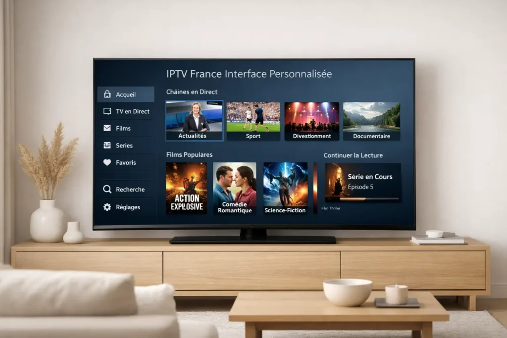 Interface personnalisée IPTV France affichée sur une télévision moderne dans un salon élégant