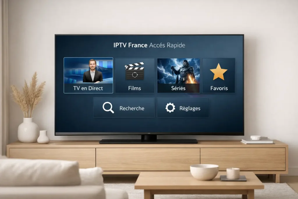 Accès rapide IPTV France avec raccourcis visibles sur une télévision moderne