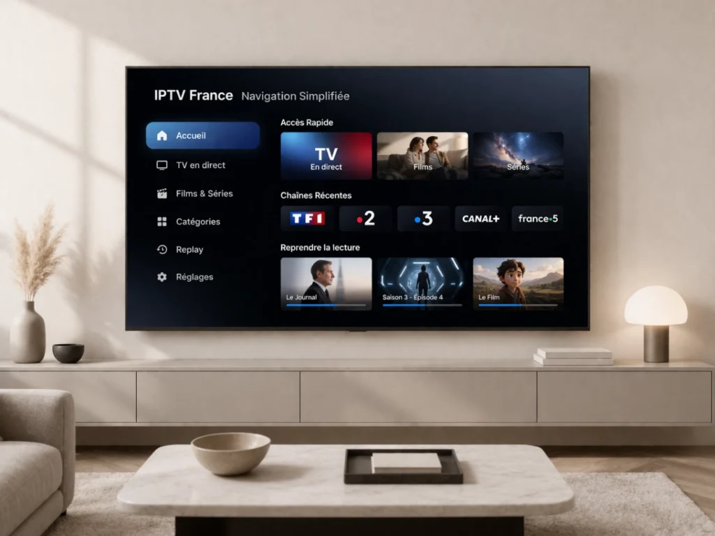 Navigation simplifiée IPTV France sur une télévision moderne avec interface claire