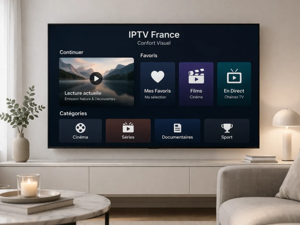 Confort visuel IPTV France sur une télévision moderne avec interface claire