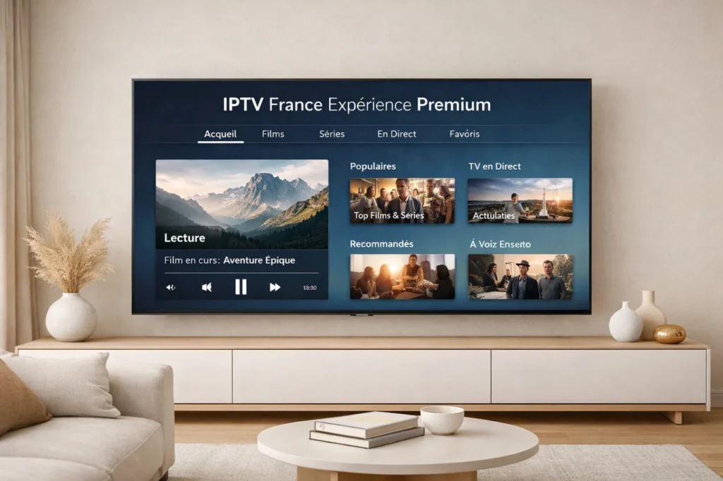 Expérience premium IPTV France sur une Smart TV moderne dans un salon élégant
