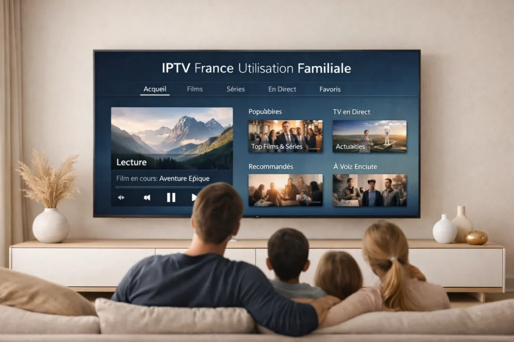 Utilisation familiale IPTV France sur une Smart TV dans un salon moderne