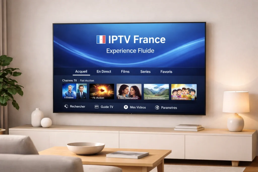 Expérience fluide IPTV France sur une télévision moderne avec interface élégante