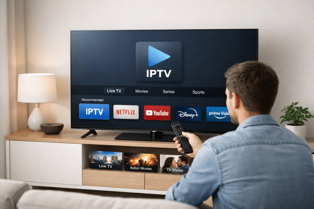 Utilisateur configurant IPTV sur une Smart TV dans un salon moderne avec interface de streaming affichée à l’écran et télécommande en main.