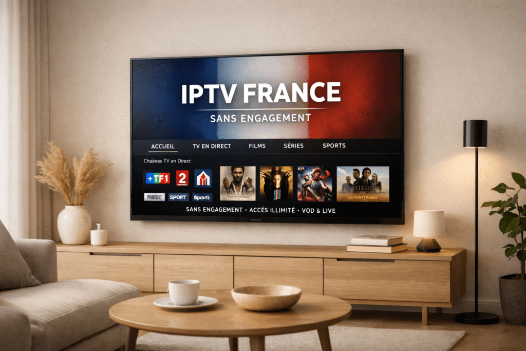 abonnement iptv france sans engagement sur télévision connectée dans un salon moderne