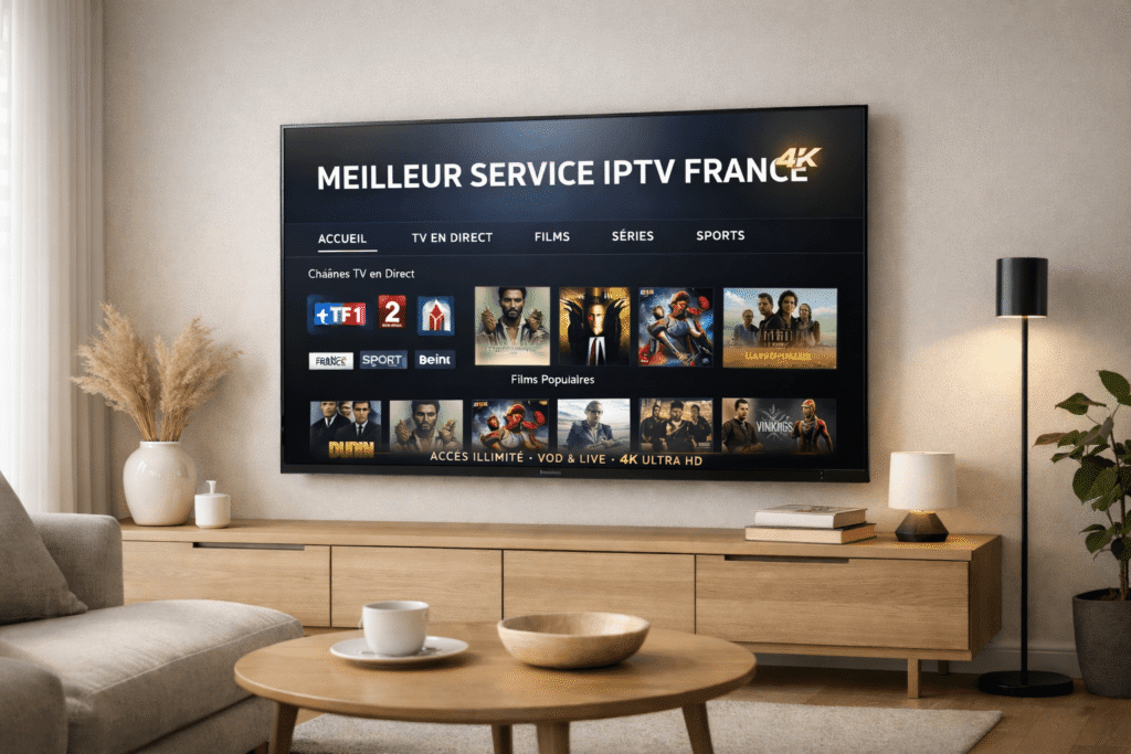 meilleur service iptv france 4k affiché sur un écran de télévision moderne