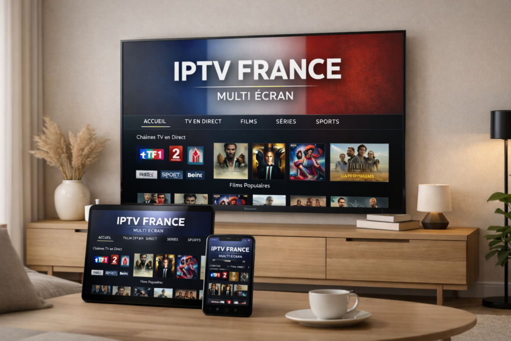 iptv france multi ecran sur télévision tablette et smartphone dans un intérieur moderne
