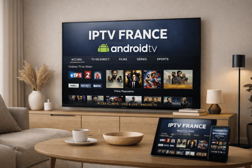 application iptv france android tv affichée sur un téléviseur connecté moderne