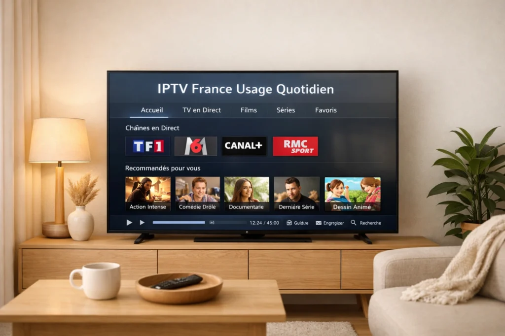 Usage quotidien IPTV France sur une Smart TV moderne dans un salon confortable