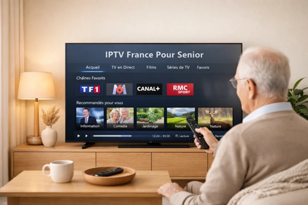 Interface IPTV France pour senior sur une Smart TV moderne dans un salon calme