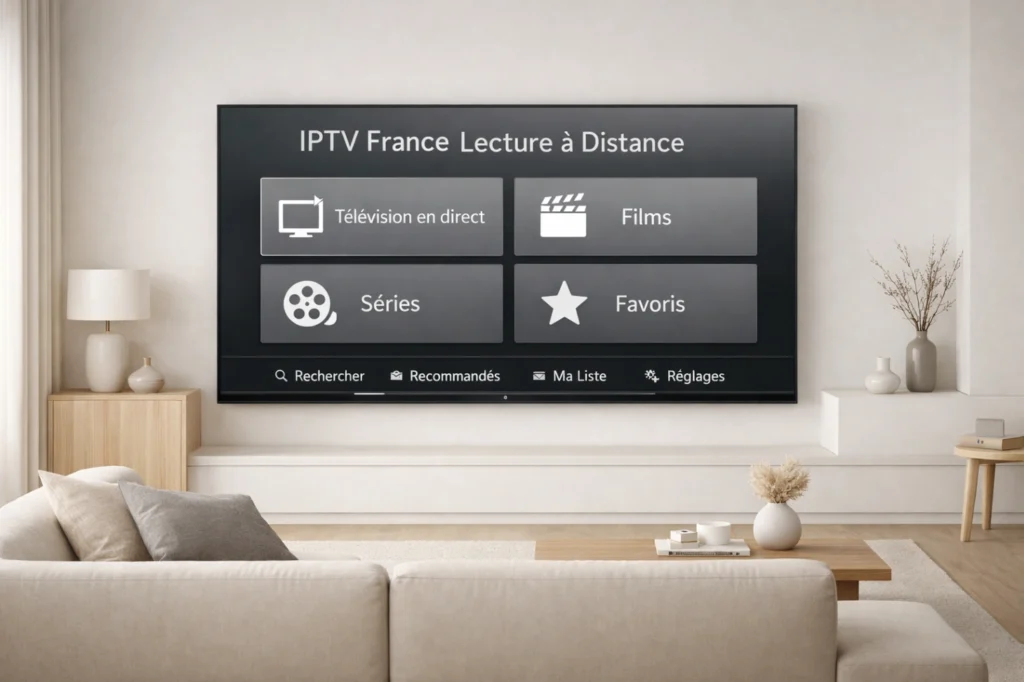 Salon moderne avec Smart TV affichant une interface IPTV générique claire et lisible à distance depuis le canapé