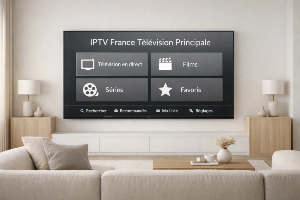Grande télévision principale dans un salon moderne affichant une interface IPTV générique claire et premium