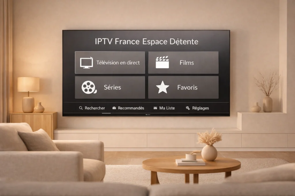 Espace détente moderne avec Smart TV affichant une interface IPTV générique claire et apaisante