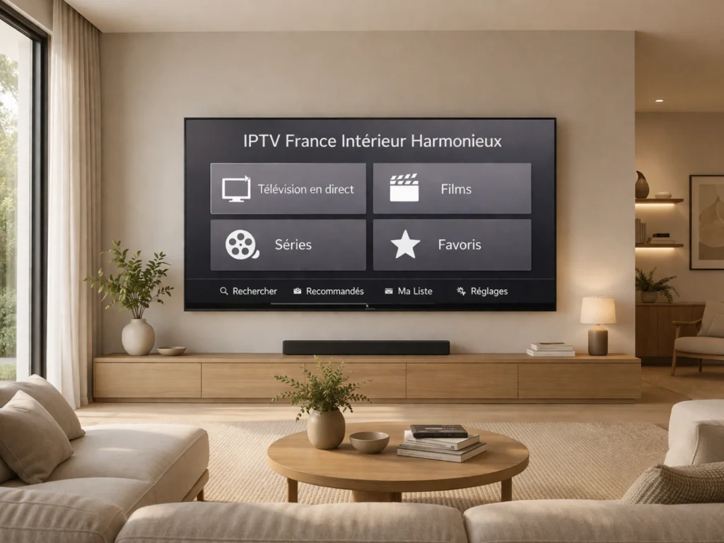 Intérieur harmonieux moderne avec Smart TV affichant une interface IPTV générique claire et élégante