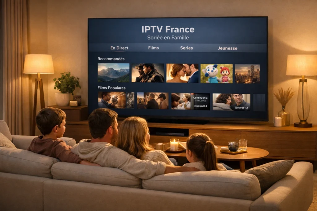 Salon familial moderne avec Smart TV affichant une interface IPTV générique claire pendant une soirée en famille