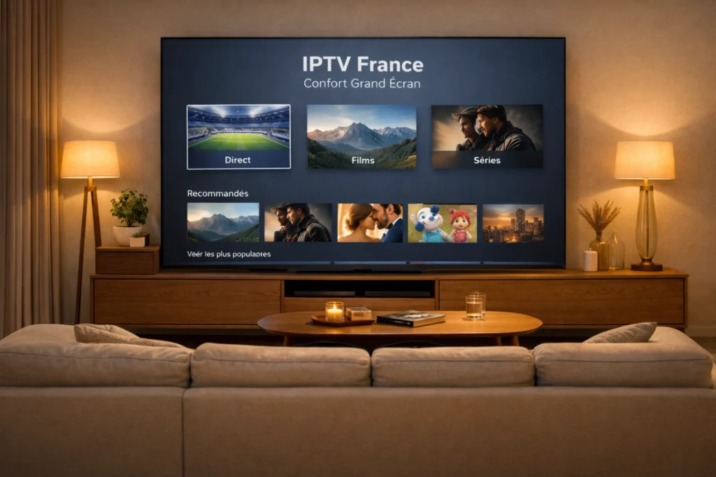 Grande Smart TV dans un salon moderne affichant une interface IPTV générique claire pour un confort grand écran