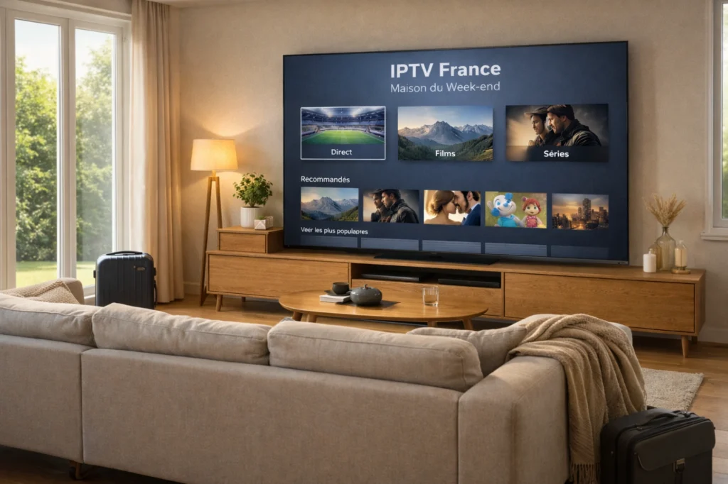 Maison du week-end avec Smart TV affichant une interface IPTV générique claire et confortable dans un salon moderne