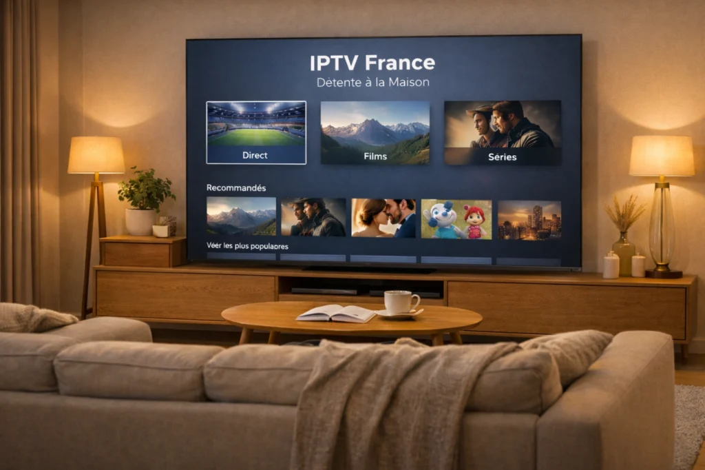 Salon moderne apaisant avec Smart TV affichant une interface IPTV générique claire pour un moment de détente à la maison