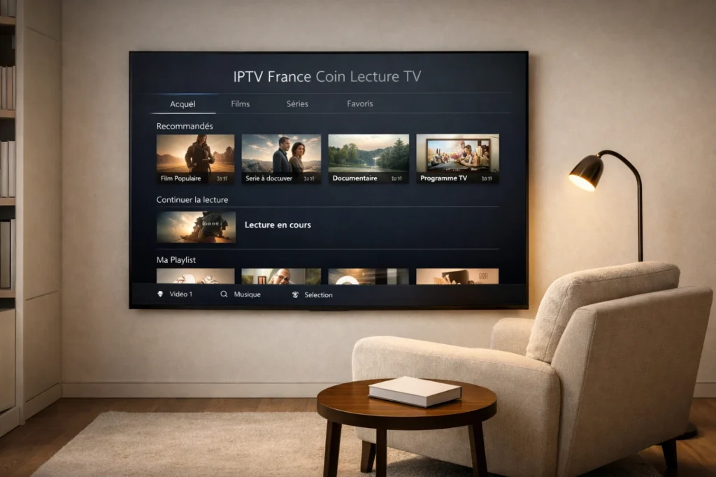 Coin lecture TV moderne avec fauteuil et Smart TV affichant une interface IPTV générique claire et lisible