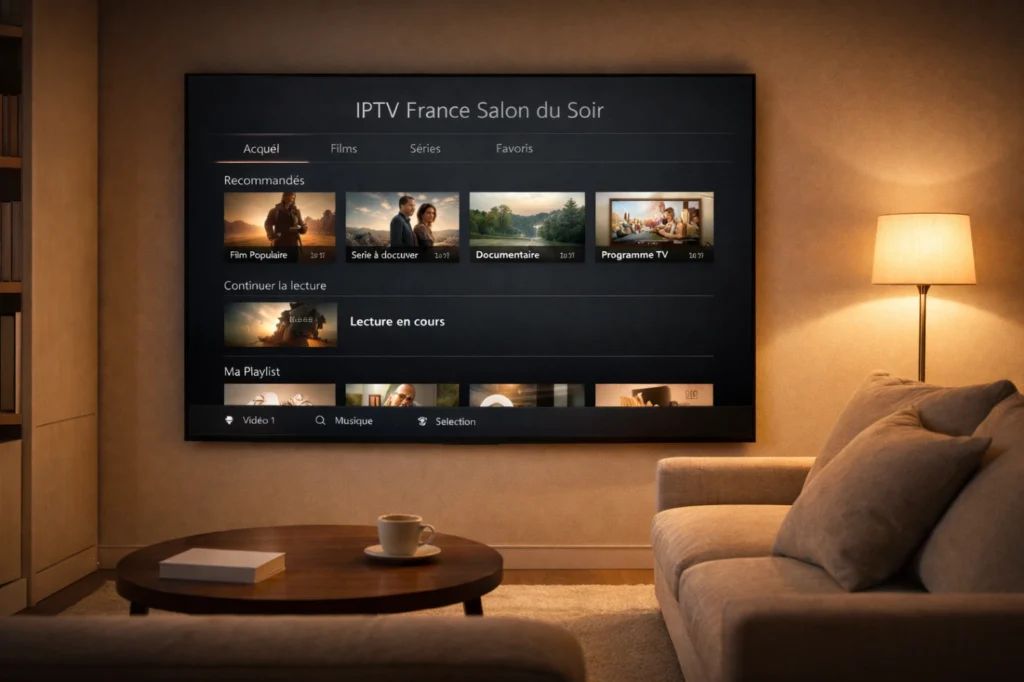 Salon moderne en soirée avec Smart TV affichant une interface IPTV générique claire et apaisante