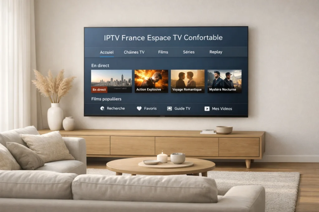 Espace TV confortable avec Smart TV affichant une interface IPTV générique claire dans un salon moderne