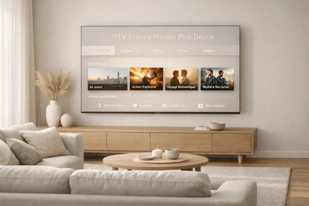Maison moderne apaisante avec Smart TV affichant une interface IPTV générique claire dans un salon doux et élégant