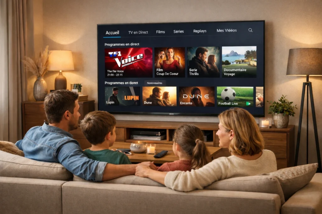 Famille regardant une interface TV moderne sur Smart TV dans un salon en France