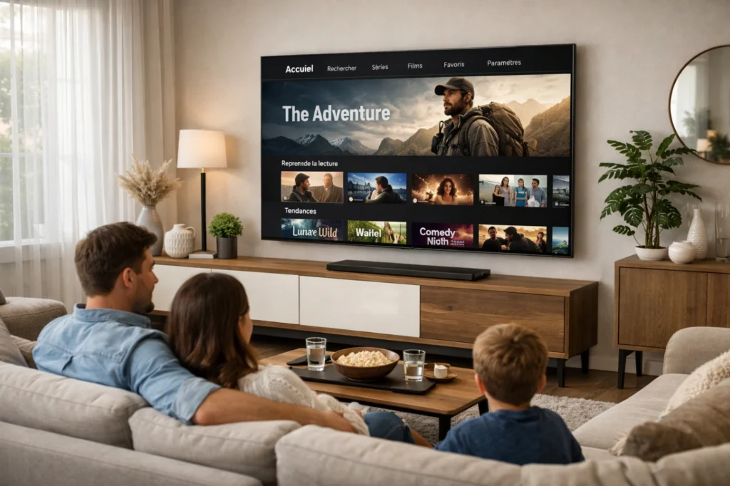 Smart TV moderne dans un salon affichant une interface de télévision par internet simple