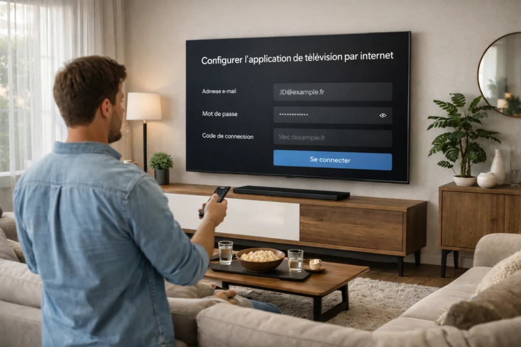 Utilisateur installant une application TV internet sur une Smart TV dans un salon moderne