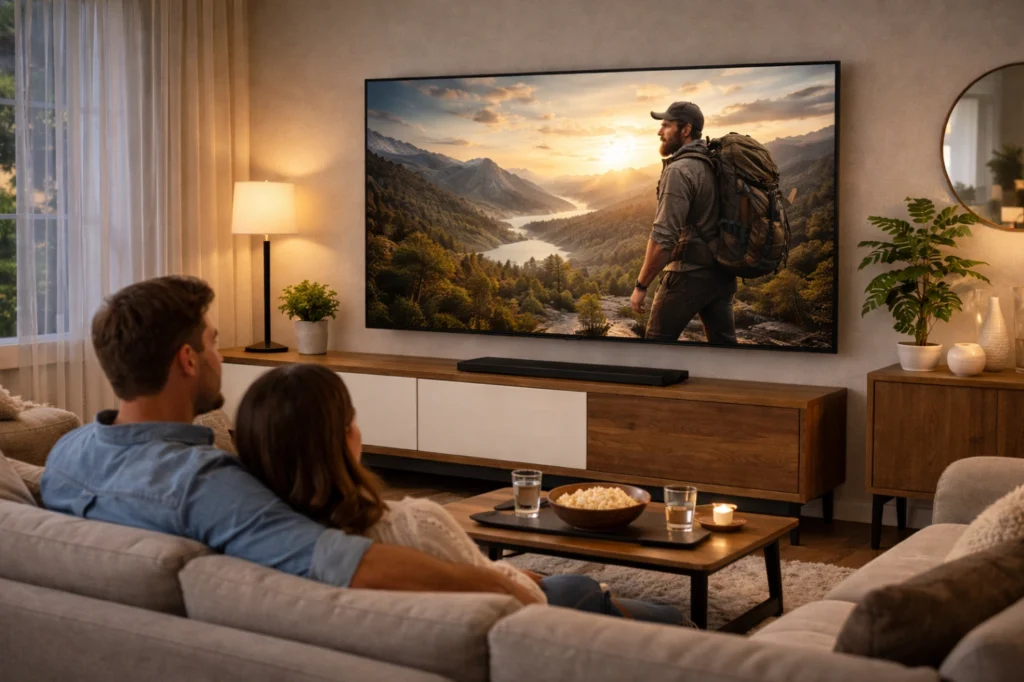 Salon moderne avec grand écran affichant une télévision fluide sans coupure