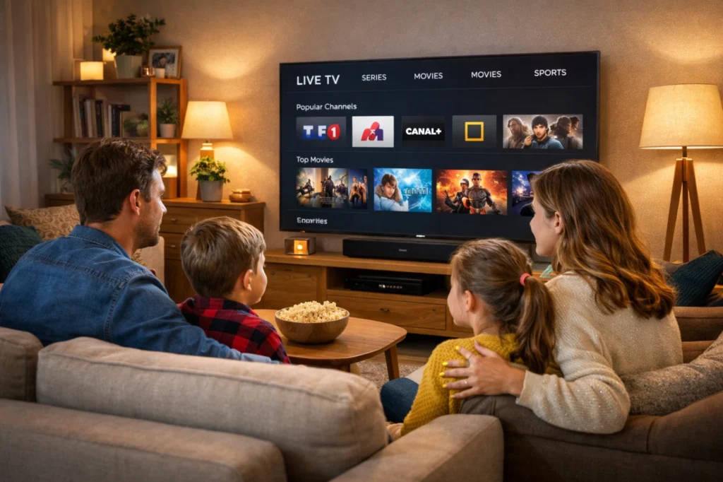 Famille utilisant une Smart TV dans un salon convivial avec interface simple