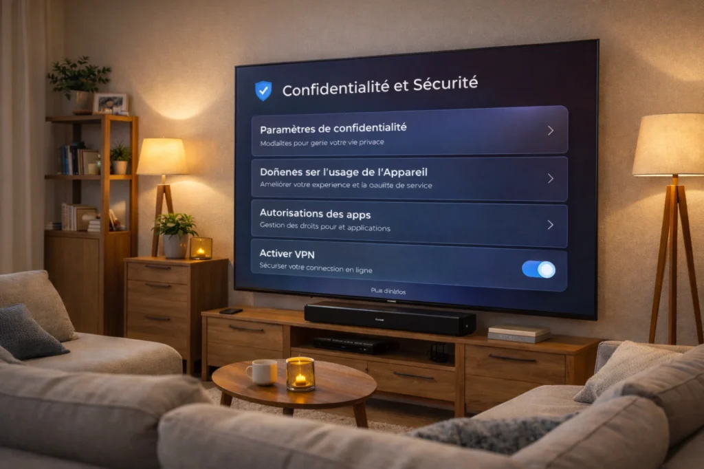 Smart TV moderne dans un salon avec réglages de confidentialité affichés à l’écran