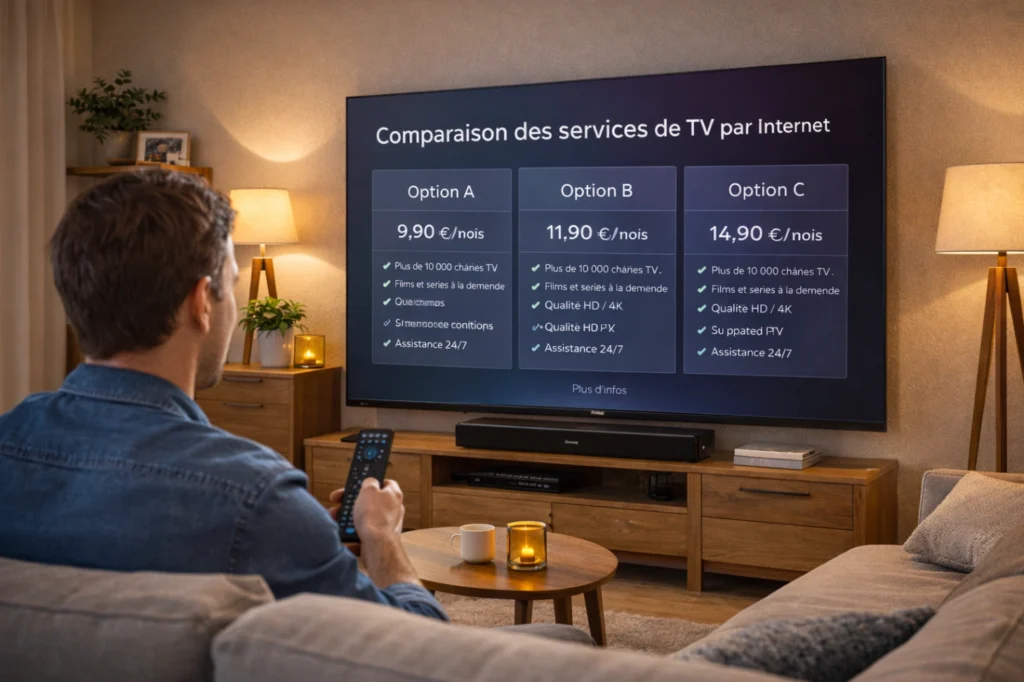 Personne réfléchissant devant une Smart TV avant de choisir une solution TV internet