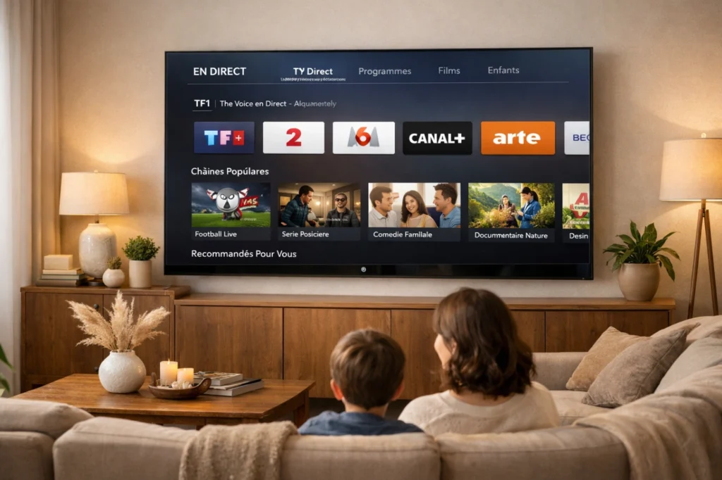 Smart TV moderne affichant une application de télévision par internet dans un salon élégant