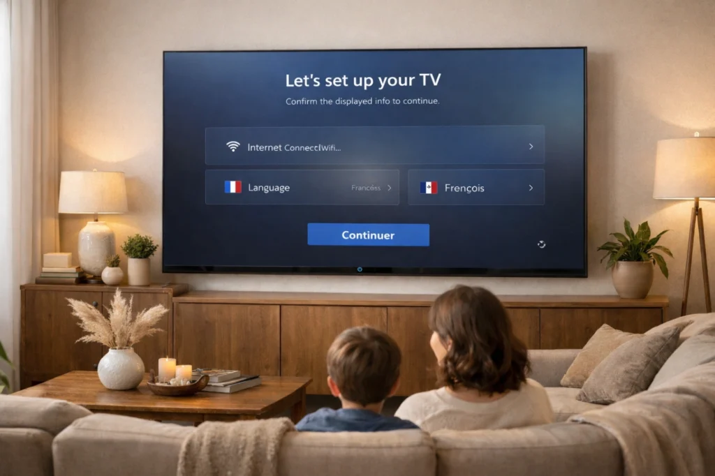 Salon moderne avec Smart TV en cours de configuration pour une utilisation internet simple